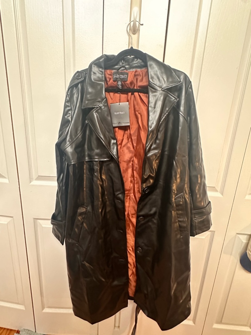 NWT Ellen Tracy Black Faux Leather Trench with Rust Lining